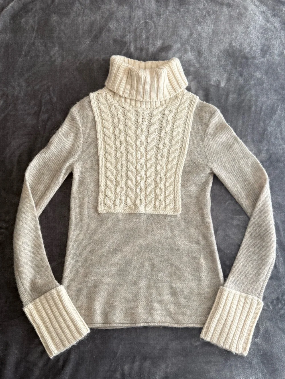 Tory Burch Gretchen Turtleneck Sweater XS Gray Alpaca Wool Blend Cable Knit Trim